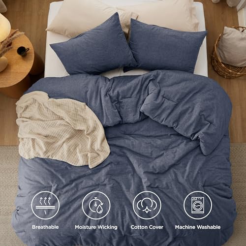 Image of Bedsure Comforter Set Full Size - Cotton Fabric with Microfiber Inner Fill, Denim Blue PureWoven Soft Bed Set for All Seasons, 3 Pieces, 1 Comforter (82 inch x 86 inch) and 2 Pillow Cases (20 inch x 26 inch)