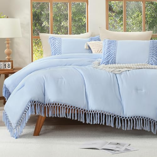 Image of Andency Comforter King Size Set Light Blue, 3 Pieces Boho Tassel Lightweight Fluffy Bedding Comforters & Sets, Soft All Season Bed Set (104x90In Comforter & 2 Pillowcases)