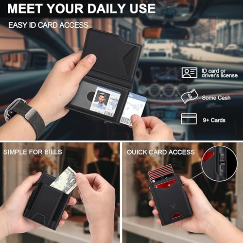 Image of VOGARD Smart Pop-Up Leather Wallet for Men & Women | RFID Blocking Card Holder with Money Clip | Slim Magnetic Bifold Wallet with Quick Access Button - Holds 14 Cards & Cash (Black)