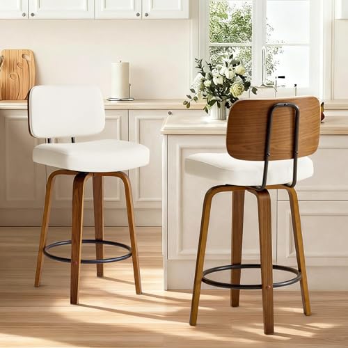 Image of Counter Height Bar Stools Set of 1, 26+inch Swivel Faux Leather Barstool with Back, Upholstered Mid-Century Modern Bar Chairs with Bent Wood Legs for Kitchen Counter, Dining Room,White