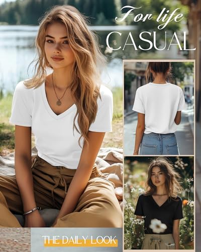 Neer 4 Pack Women's V Neck T-Shirts Summer Short Sleeve Casual Tops Loose Fit Flat Hem Basic Tees4