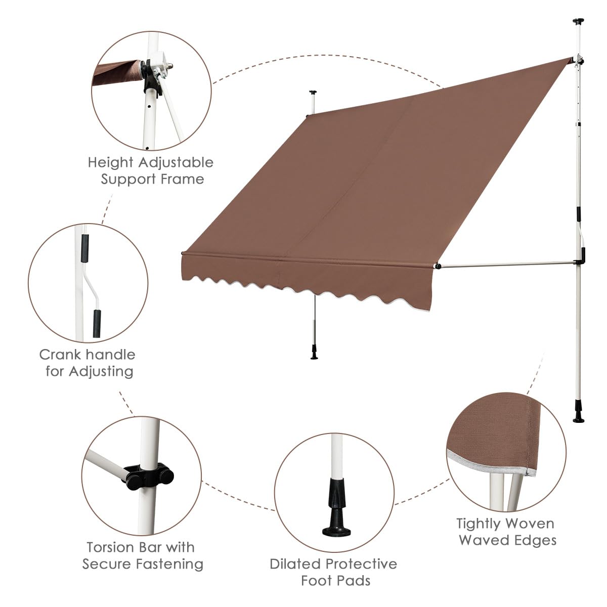 HOMASIS Tende da Sole per Esterno Estensibili, Protezione Solare Regolabile in Altezza, Tenda da Balcone senza Foratura, Tendalino Parasole con Manovella (Marrone, 3 M)