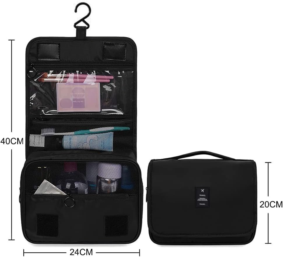 Image of Travel Toiletry Bag with Hanging Hook, Waterproof Cosmetic Organizer Pouch, Foldable Makeup Storage Case with Mesh & Transparent Compartments, Portable Travel Accessories Bag (Black Black)