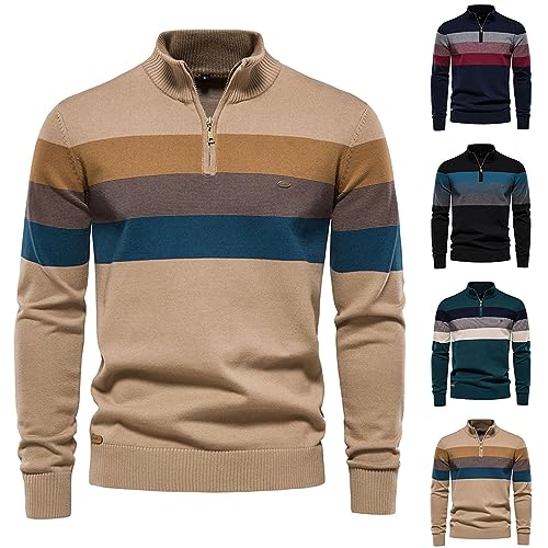 Mens Quarter Zip Sweater Casual Mock Neck Pullover Top Stylish Striped Slim Fit Knit Warm Golf Sport Polo Sweater2