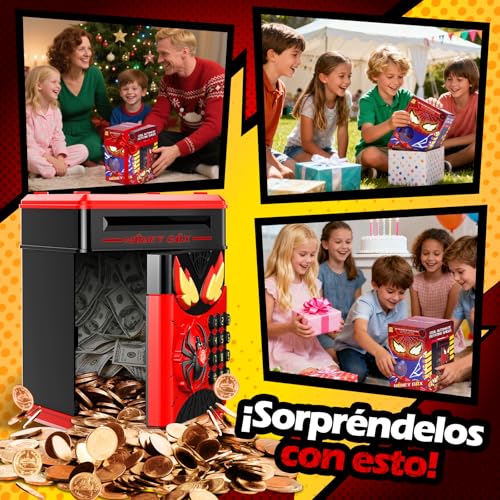 Miniatura 7 de Ltteaoy Hucha Infantil,Caja Fuerte Electrónica Para Niños,Hucha Con Contraseña Y Botón De Huella Digital,Contador De Monedas,Diseño Spider Interactivo,Regalo Cumpleaños Navidad 3-12 Años