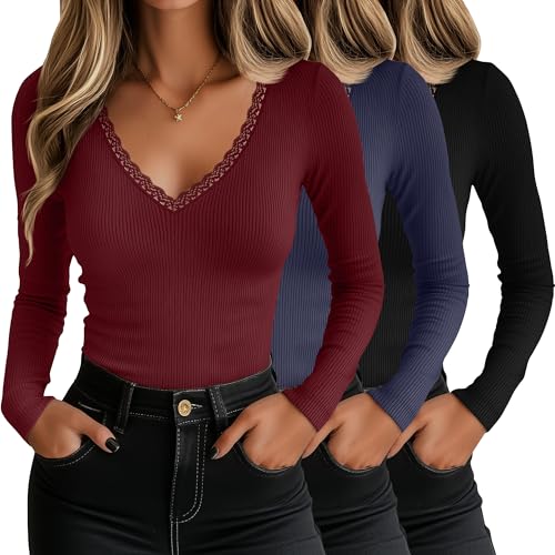 3 Pack Women's Long Sleeve Shirts, Cotton Knit T-Shirts Deep V Neck Lace Tees Slim Fit Tops Ribbed Y2k Blouses