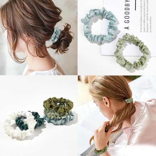 Image of Silk Hair Ties Satin Scrunchies - Small Mini Scrunchy for Women Thick Hair Accessories Cute Soft No Slip Hair Elastics Ponytail Holder for Curly Hair No Damage Hairties Gift for Girls