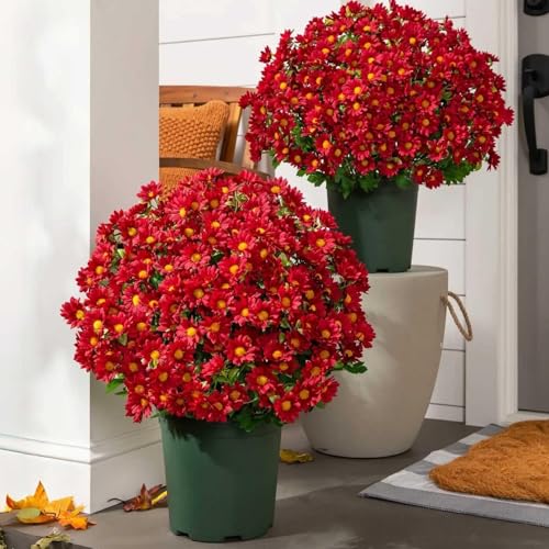 Wutobang Artificial Sunset Mums Funsdecor Mums Artificial Outdoor Sunset Flowers - UV Resistant Waterproof Windproof Fake Fall Flower Daisy with Eucalyptus Look Real (5 Bundle Red)