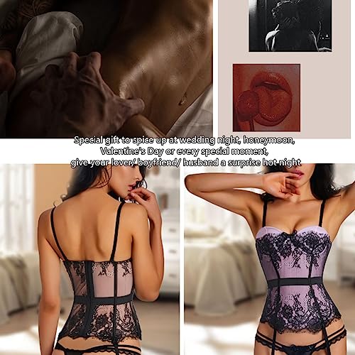 TOPMELON Corset Lingerie Set for Women with Underwire Spaghetti Strap Garter Lingerie Set Push Up Bustier Corset Waist Cincher Overbust Purple