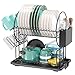 niffgaff 2-Tier Black Dish Drying Rack for Kitchen Countertop - Stainless Steel Dish Drainer with Drip Tray, Draining Board & Utensil Holder & cup holder for Small Spaces