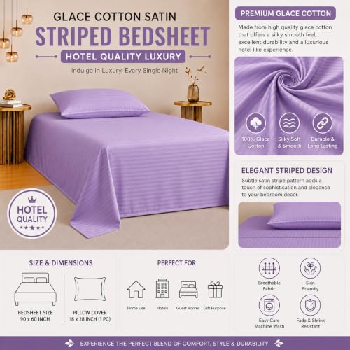 Image of Satin Striped Glace Cotton Single bedsheet with 1 Pillow Cover | Soft & Smooth Finish | Single Bed bedsheet 90 x 60 Inch | Pillow Cover 18 x 28 Inch | Breathable, Fade Resistant