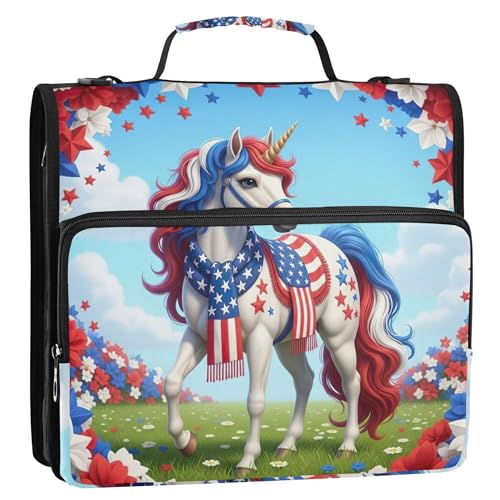ジップアップバインダーオーガナイザー かわいいユニコーン アメリカ国旗 3リングバインダー 1 1/2インチ Dリング カスタムスクールバインダーバッグ ショルダーストラップ付き ポートフォリオ 500枚収納