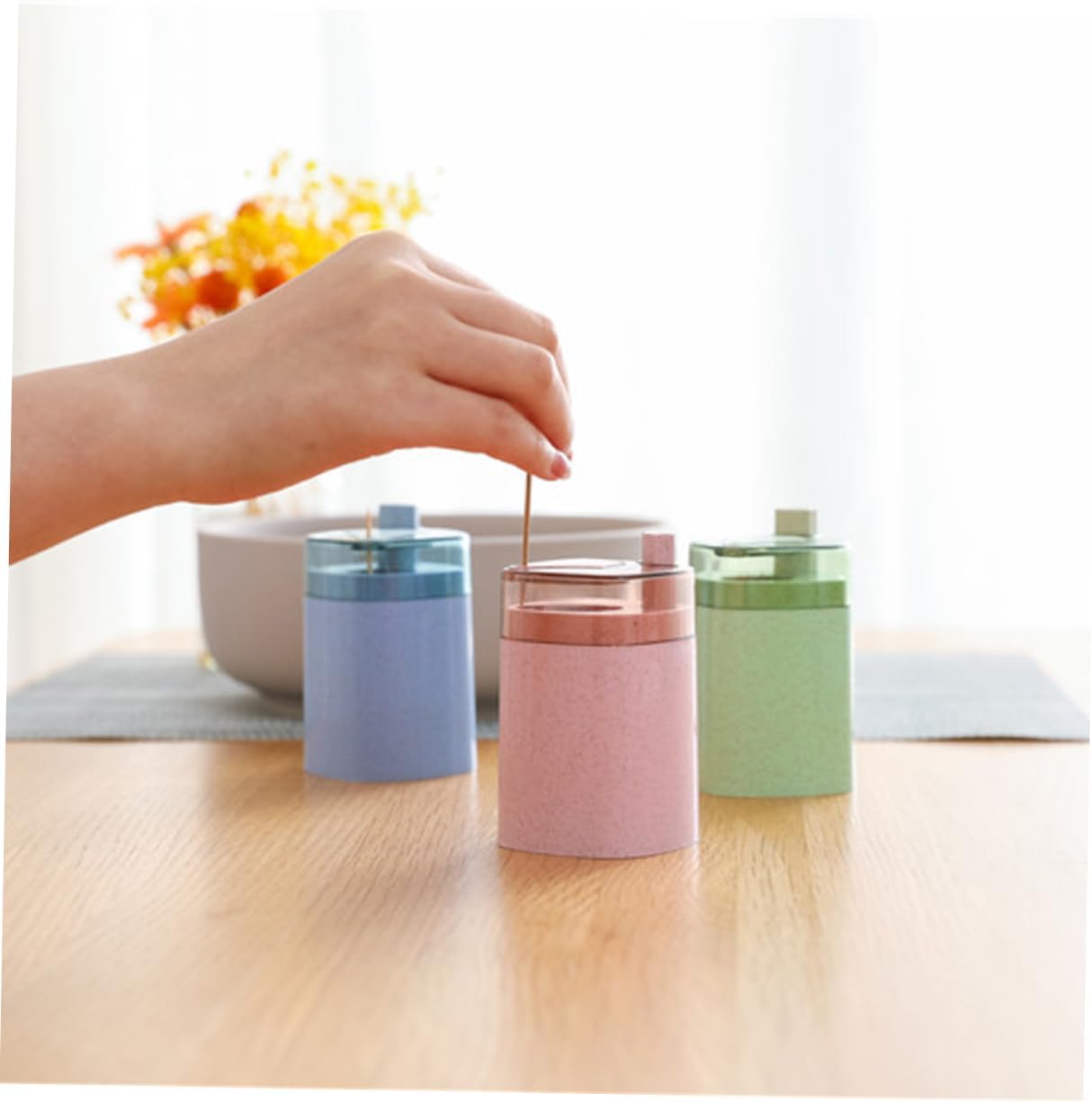 DECHOUS Automatic Toothpick Dispenser Box, Blue, Wheat Straw Press Design image 4