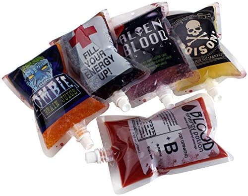 Hazoulen Plastic Blood Bags Drinks Containers for Halloween Party Favors Decorations, Funnel Included, Set of 10
