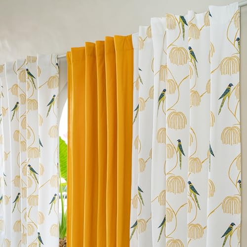 Image of Tranquebar Curtain Co. Window Curtains 5 Feet, 60-65% Room Darkening,Blue Bird Print, Cotton Curtains for Window,Cotton Curtains 5 Feet Set of 3, BackTab Loops, Mithu Yellow Combo (152 cm) - Set of 3