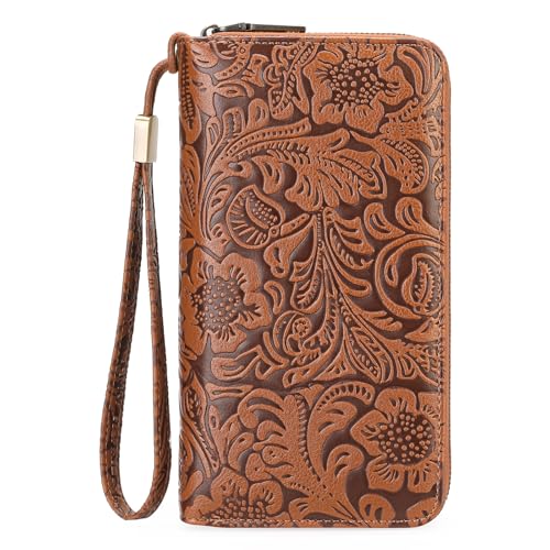 GOIACII Women's Wallet Wristlet Ladies Phone Purse RFID Blocking Large Card Holder Double Zip Grip Strap Vegan Leather