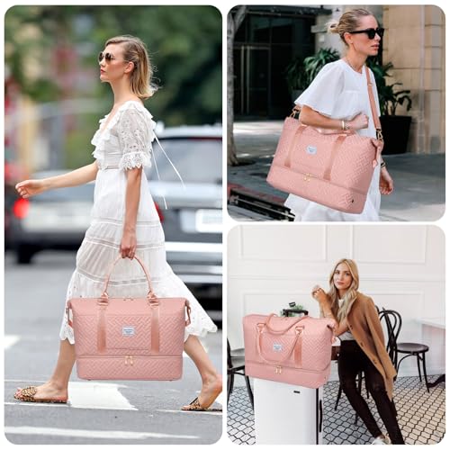 Image of Duffle Bag for Travel, Weekender Bag with Shoe Compartment, Carry On Overnight Bag for Women with Toiletry Bag, Gym Bag with Wet Pocket, Hospital Bags for Labor and Delivery Beige, Pink-Embroidery