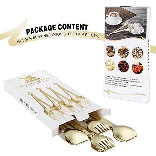 Mini Appetizer Tongs Stainless Steel Set Of 4, Msy Bigsunny Gold Plated Small Serving Tongs, 6 Inch(15.2Cm, Golden) #TOP4