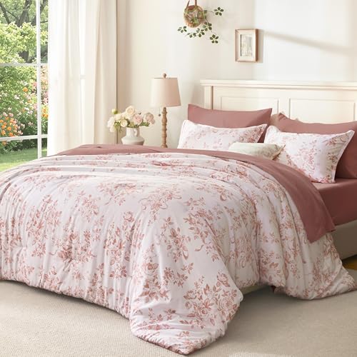 Image of Andency Floral Comforter Set King Size, 7 Pieces Pink Flower Lightweight Bedding Set for All Seasons, Soft Vintage Bed in a Bag with Comforter, Sheets, Pillowcases & Shams