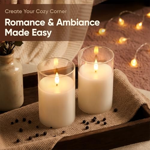 Image of Amagic 3 inchx5 inch Clear Glass Flameless Candles Battery Operated with Timer, Remote Control, LED Pillar Candles, Battery Powered, Valentine's Day Decor, Pure White Wax, Set of 2