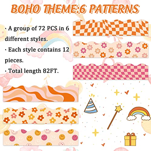 Image of Whaline 82Ft Boho Bulletin Board Borders Retro Groovy Daisy Flower Checkered Scalloped Border Trim Stickers 70s Hippie Preppy Classroom Decor for School Office Party Decoration