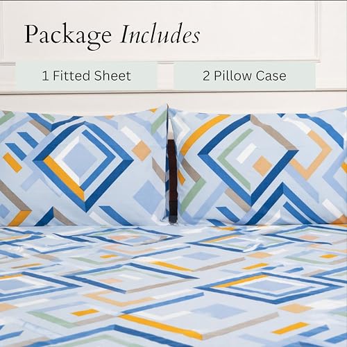 Image of Amazon Brand - Umi Cotton Fitted Bedsheet, Queen Size 78x60 Inches, Elastic Fit Bed Sheet, 10 Inch Deep Pocket, Soft Breathable Bedding, Durable Easy Care, with Pillow Cover-Prism Path