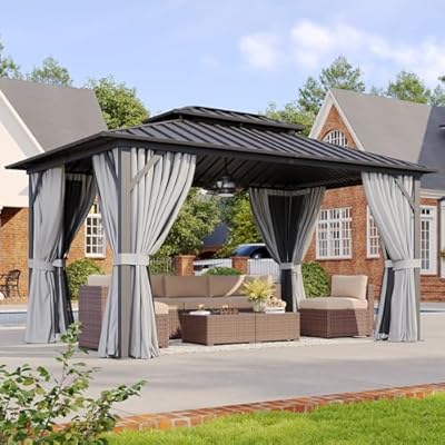 Aoxun Hardtop Gazebo 10x12, Aluminum Frame Canopy with Double Galvanized Steel Roof, Outdoor Gazebo with Breathable Netting and Privacy Curtain for Backyard