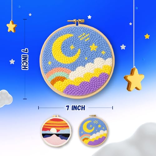 Image of KREEDA Punch Needle Embroidery Kit, DIY Creative Activity, Landscape Embroidery DIY Set, With Wooden Hoop Monk Clothes and Woolen Yarns. Gifts for Girls & Boys Ages 6, 7, 8, 9, 10, 11, 12 (Punch Needle Landscape)