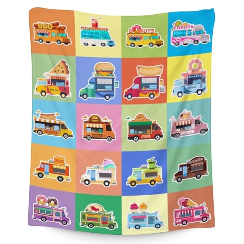 Food Truck Blanket Gifts - 60x80 Inches Funny Throw Blanket for Boys & Kids - Colorful Soft Fuzzy Car Blankets for Bed, Couch & Living Room