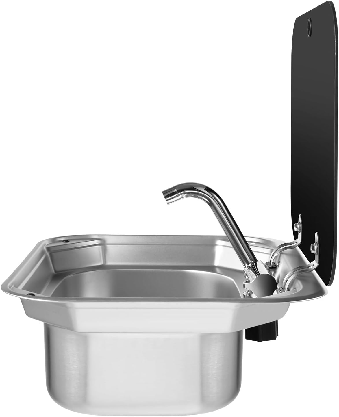 RV Sink, Stainless Steel Single Bowl Hand Wash Basin with Foldable Hot&Cold Faucet and Lid Drop In Sink Camper Caravan Van Sink