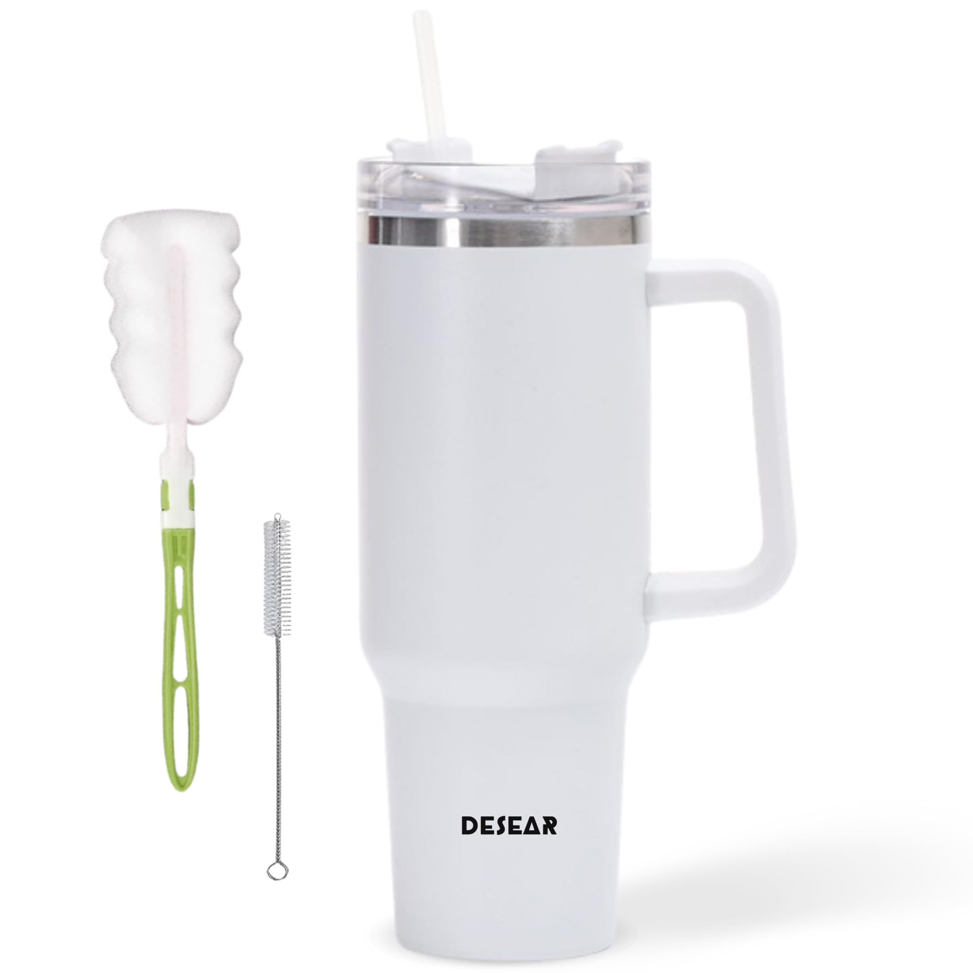 DESEAR40oz Stainless Steel Coffee Mug with Straw & Lid, Vacuum Insulated Double-Walled Travel Tumbler with Handle, Large 1200ml Cup Keeps Drinks Hot or Cold for Coffee, Water, Iced Beverages (White)