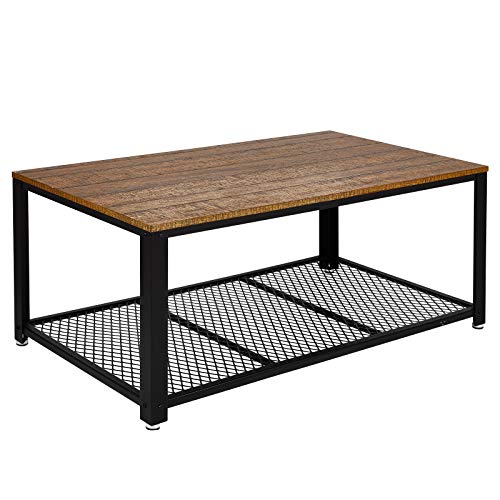 Mesa de Centro, Mesa de Salón Mesa de Café Estilo Vintage Estante de Rejilla Hecho de Aglomerado y Marco de Metal 106 * 60 * 45 cm