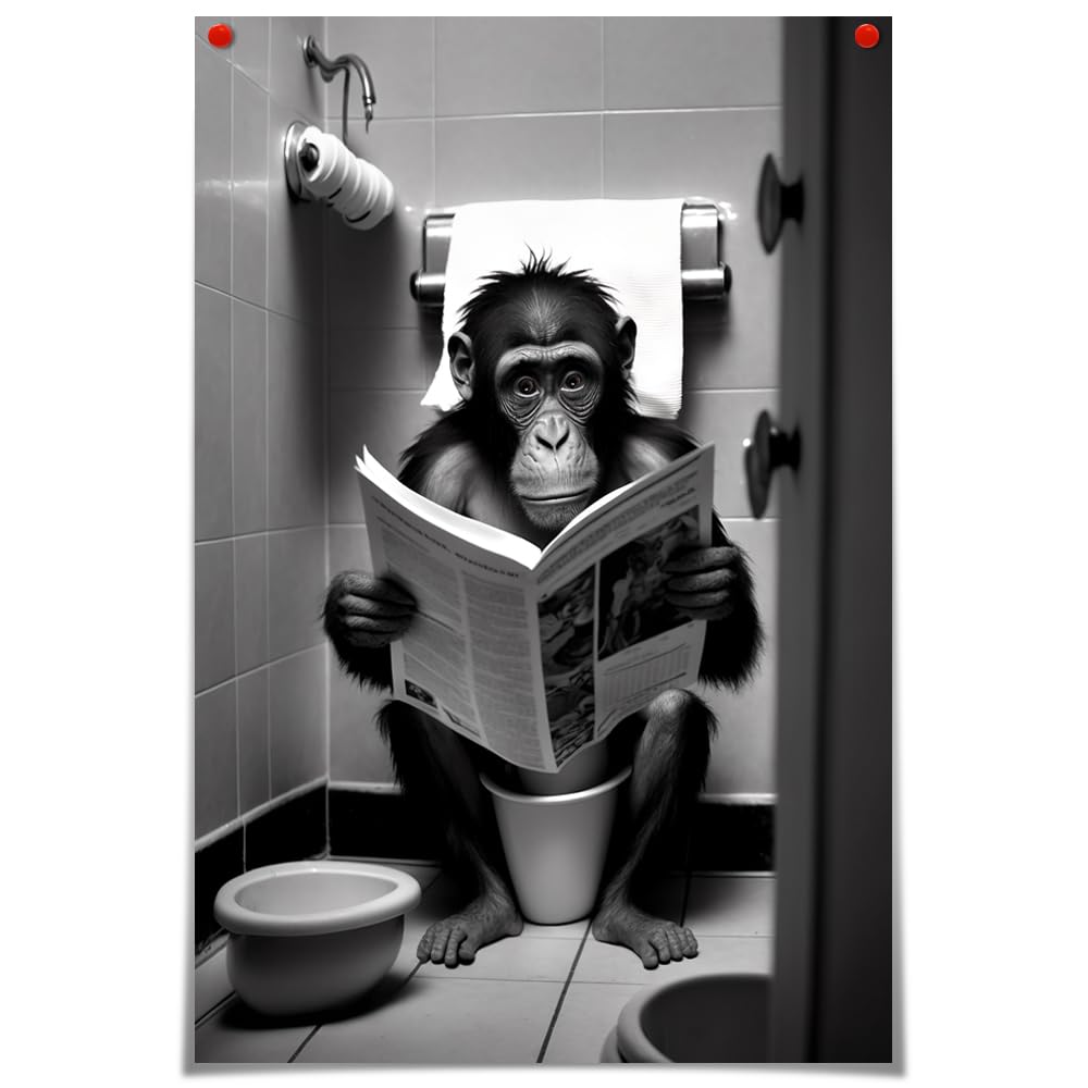 Funny Gorilla Bathroom Canvas Wall Art Monkey Reading Newspapers on Toilet Pictures Poster Prints Black and White animal modern farmhouse wall decor 12x16in Unframed
