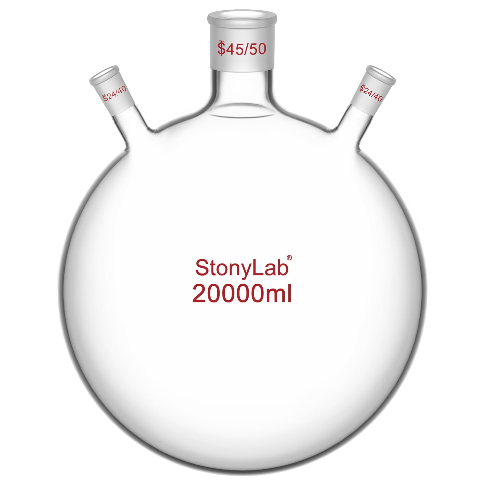 stonylab 3-Cuello Fondo Circular Botella RBF, 20 L Matraz de Laboratorio Paredes Pesadas de Vidrio Borosilicato Matraz Hirviendo con 45/50 Centros y 24/40 Conectores Exteriores Laterales