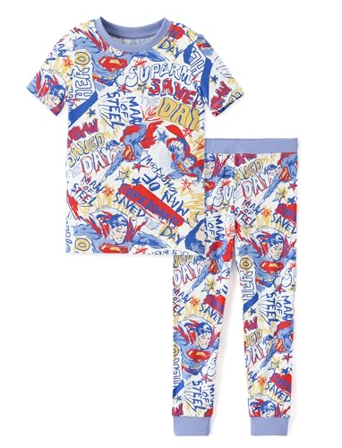 DC Comics Superhero Kids Toddler Boys Two Piece Superman & Batman Short Sleeve Shirt and Pants Pajama Set,Blue 5Y