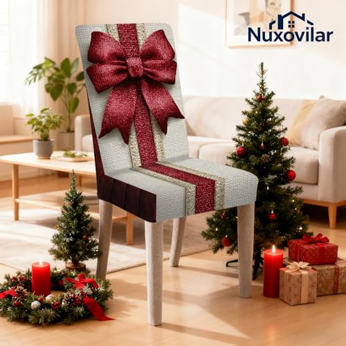 Image of Nuxovilar 4PCS Red Bow Design Stretch Chair Covers 23.6x70in | Holiday Slipcover Festive Protector Bow Wrap Seat Guard Dining Room Family Gathering Party (Red Bow Design)