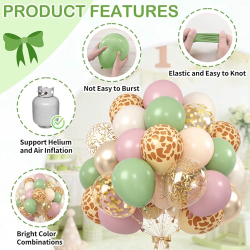 Image of Sage Green and Pink Balloons, 60PCS Deer Printed Balloons Confetti, 12 Inch Dusty Pink Champagne Gold Apricot Balloon Helium for Jungle Safari Birthday Woodland Baby Shower Wedding Party Decorations