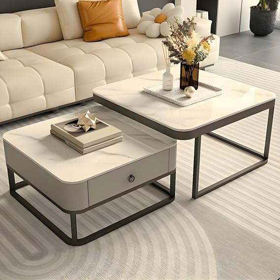 Square Coffee Table Set of Two: Nesting Stacking Tea Tables for Living Rooms with Gold Metal Frame and Wooden Drawer (Black Whie)-image-27