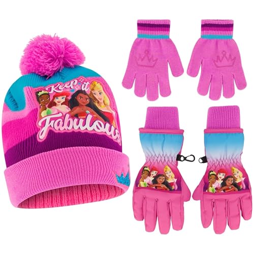 Disney Girls Winter Hat with Knit Gloves and Insulated Ski Glove Set, Princess For Ages 4-7