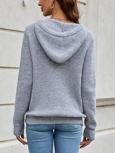 Image of CiCiBird Women's Fall Hoodies Sweater V Neck Waffle Knit Top with Pocket | Loose Fit, V Neck Button, Adjustable Drawstring, Long Sleeve, Kangaroo Pocket, Weekend Errands, Daily Wear, Work Casual