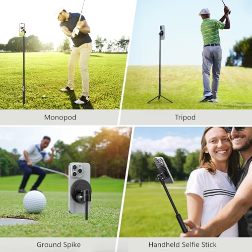 Einbeinstativ und Stativ Selfie-Stick zum Aufnehmen von Golf-Schwungtrainingshilfen mit Bodenspitzeinsatz & Adapter für Gopro & 1/4\-Schraube, Magnetischer Golf-Handyhalter kompatibel mit iPhone