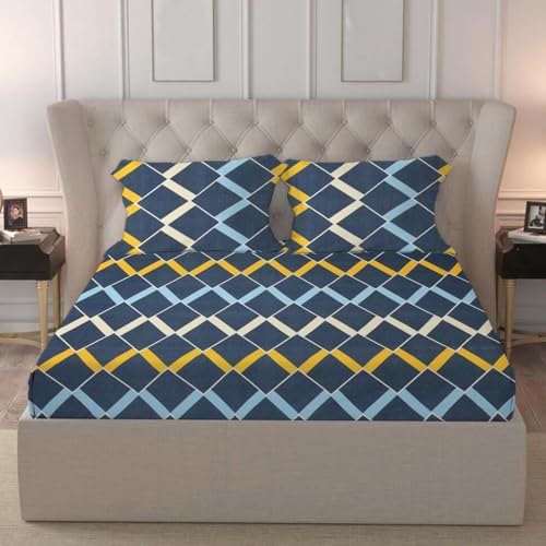 Image of LOOMLYFE 300 TC Cotton Feel Glace Cotton Elastic Fitted Printed Queen Size Double Bed Bedsheet with 2 Pillow Covers Fits Upto 8 inches,Size- 60x78x10 Inches, Navy Box