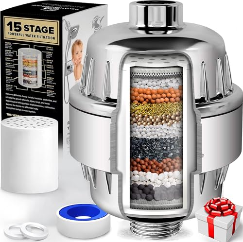 AquaHomeGroup 15 Stufen Duschkopf Wasserfilter Duschfilter Kalk mit Vitamin C - Wasserfilter Dusche zur Entfernung von Chlor und Fluorid - Inklusive 2 Aufsätze - Konstanter Wasserdurchfluss Kalkfilter