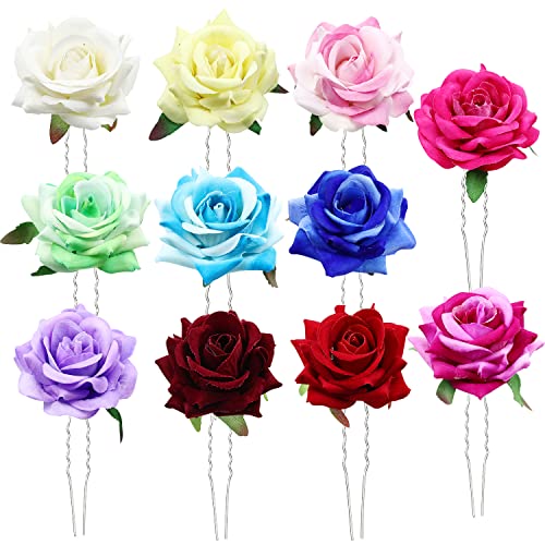 11 Pack Handmade Rose Flower Hair Pins U Shaped Bobby Pins Long Fork Chopsticks Picks Shawl Pin Bun Ponytail Holder Slide Hair Clips Women Wedding Bridal Party Decorative Hairstyles Accessories #TOP9