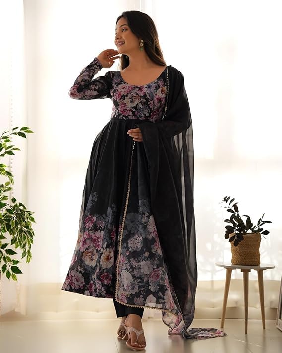 Image of KD Women's Floral Printed Georgette Anarkali Kurta Set With Dupatta, Traditional Salwar Suit, Long Sleeve Ethnic Dress