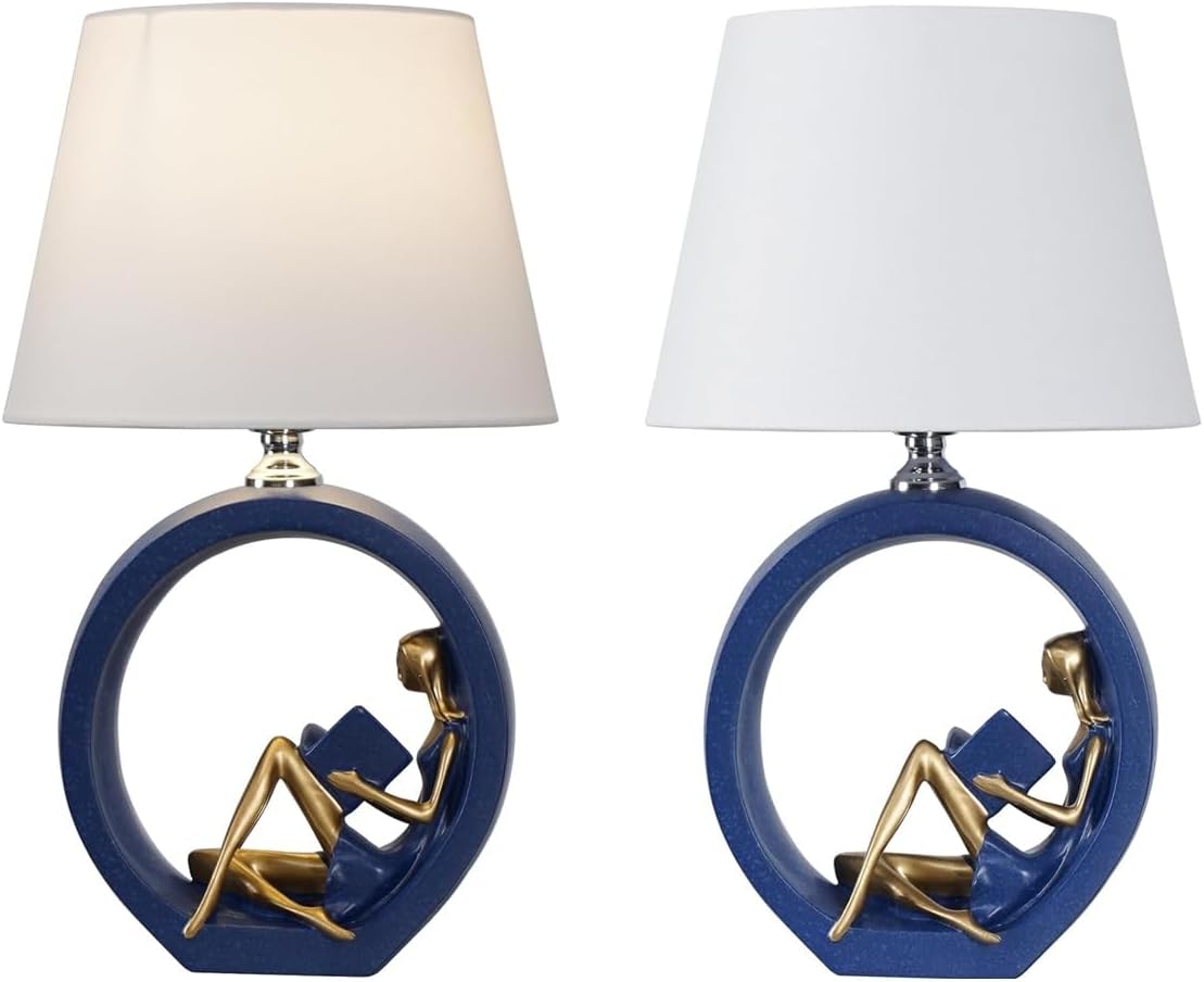 Decorative Table Lamp with Reading Figure Base, Blue and Gold, Circular Resin Base, White Shade, 17.3 Inch Height