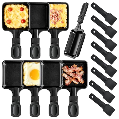 Lot de 8 Poêlon Raclette Carré Anti-adhésif，Mini Coupelle Raclette avec Poignées Anti-brûlures pour Fromage Fondu Oeuf Frit，8Pcs Spatules en Nylon Passés au Lave-vaisselle.