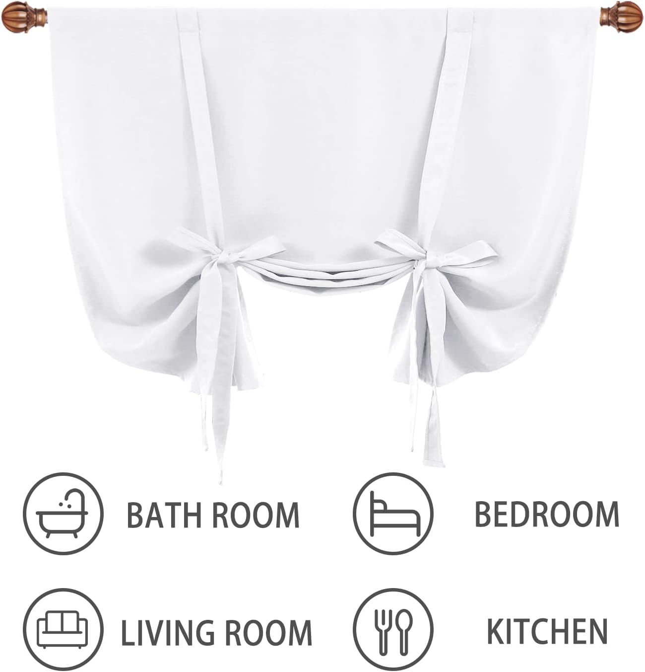 DWCN Pure White Curtains-Tie Up Shade for Window Thermal Insulated Rod Pocket Curtains for Kitchen, Bathroom,Window Valance Balloon Blind， W42 X L63 Inches, 1 Panel