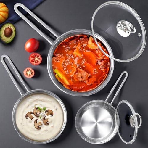HOUSLUX Stainless Steel Saucepan Set with Wooden Handles - 16cm/18cm/20cm Suitable for Induction/Gas/Electric Stoves, Dishwasher Safe (42CM) - Image 6