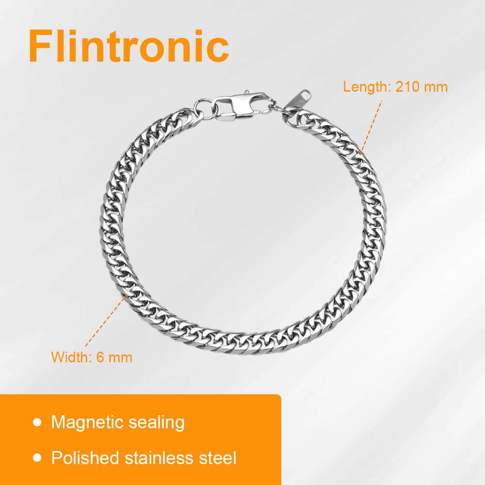 flintronic Męska mocna antyczna srebrna bransoletka, moda retro stal tytanowa prosta sześciostronna płaska bransoletka dżinsowa